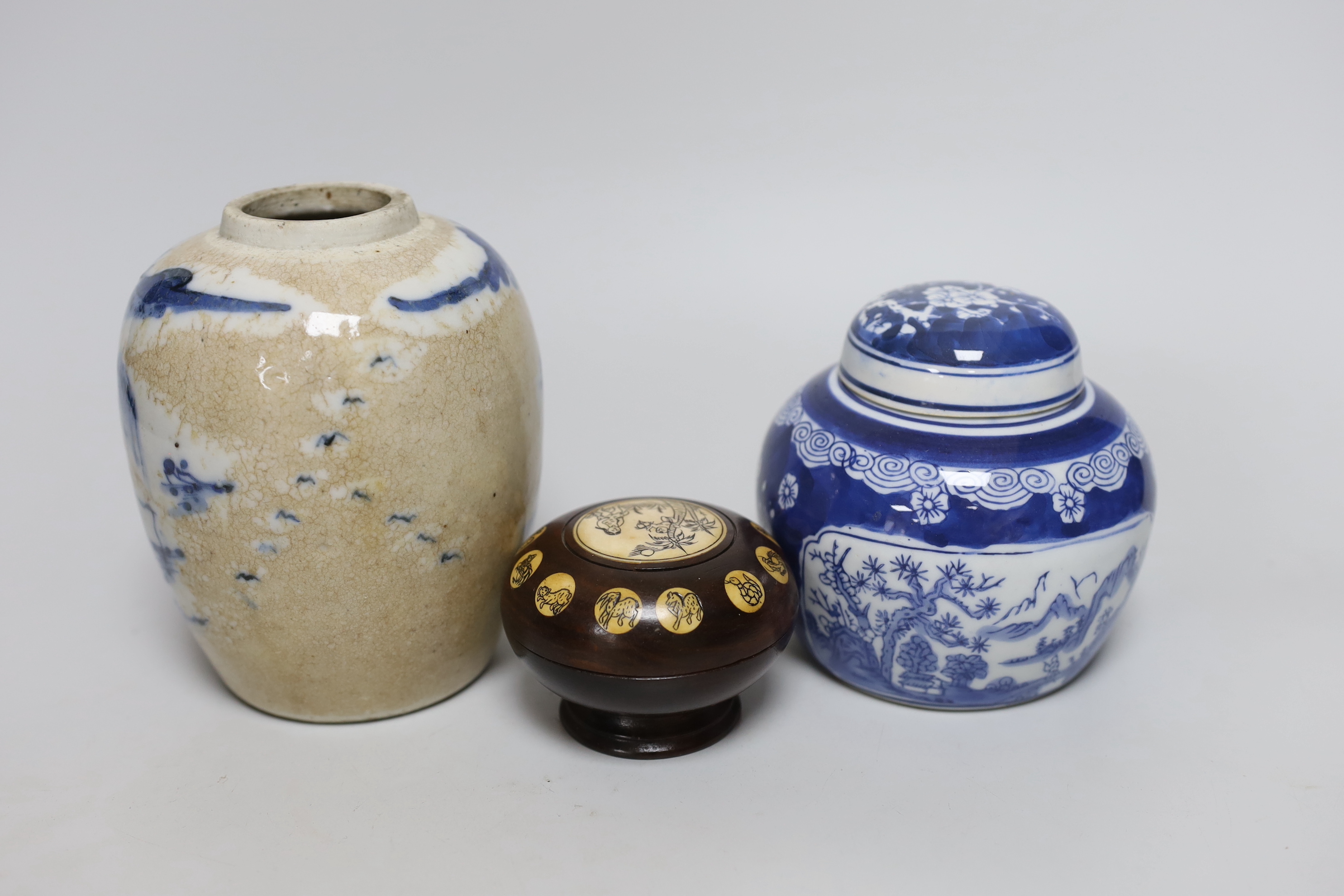 A Chinese ginger jar, another with cover and an ornamental bone and wooden travelling compass, tallest 14cm high